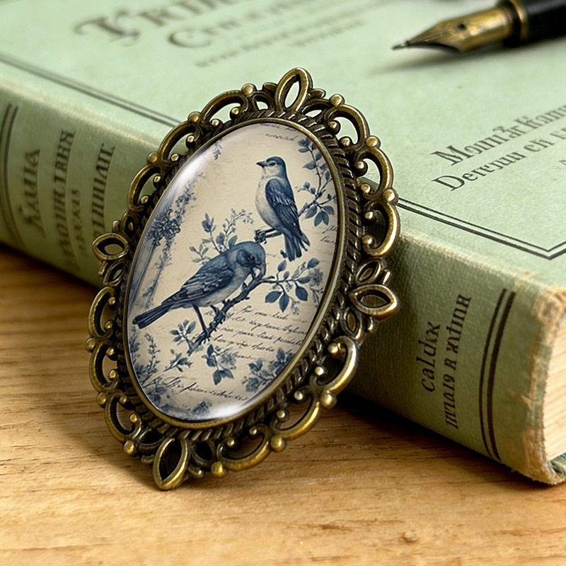 Vintage Blue White Porcelain Bird Flower Brooch